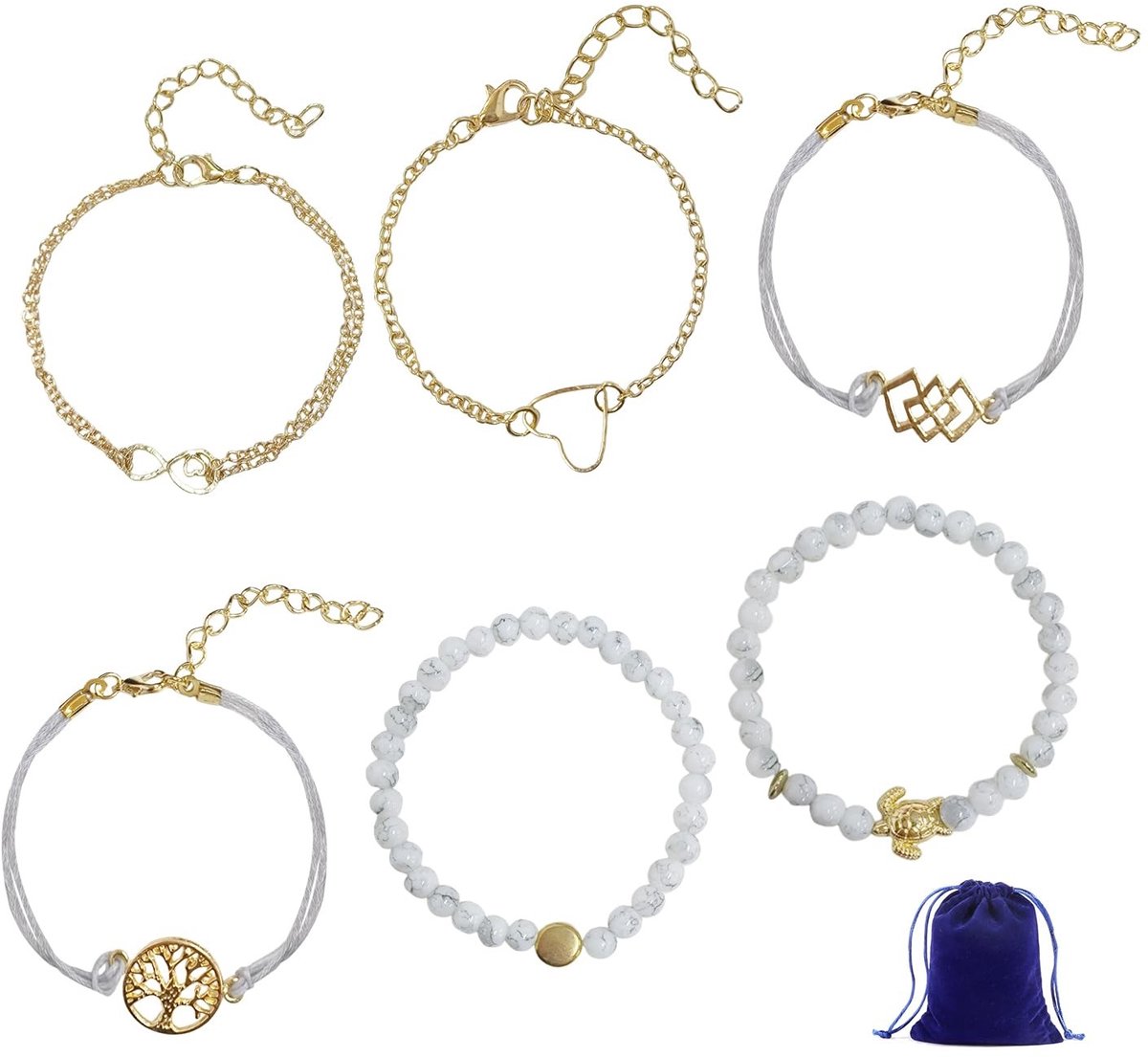 Dailygoods- Damesarmbanden 6 Stuks - Gepersonaliseerde Armbanden - Stapelbare Armbanden - Sieraden Organizer - Fluwelen Opbergtas - Veelkleurig 7,5-18,5 cm