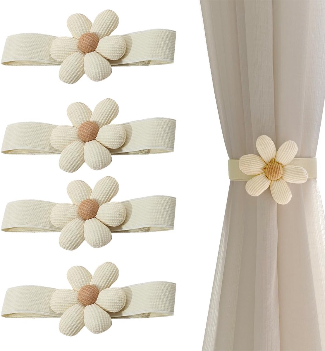 Dailygoods- Gordijnhouders Creatief Design - Gordijnhouders met Bloemen - Gordijnbinders - 4 Stuks - Katoen/Polyester Zijde - Totale Lengte 44,5 cm - Gordijnkoorden