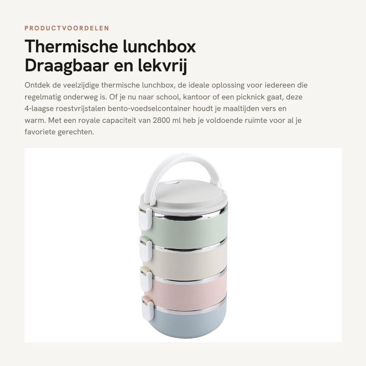 Dailygoods- Lunchbox 4 lagen - Draagbare roestvrijstalen thermische bento - Lekvrije voedselcontainer - Capaciteit 2800 ml - Ideaal voor school/thuis/picknick - Bento Box