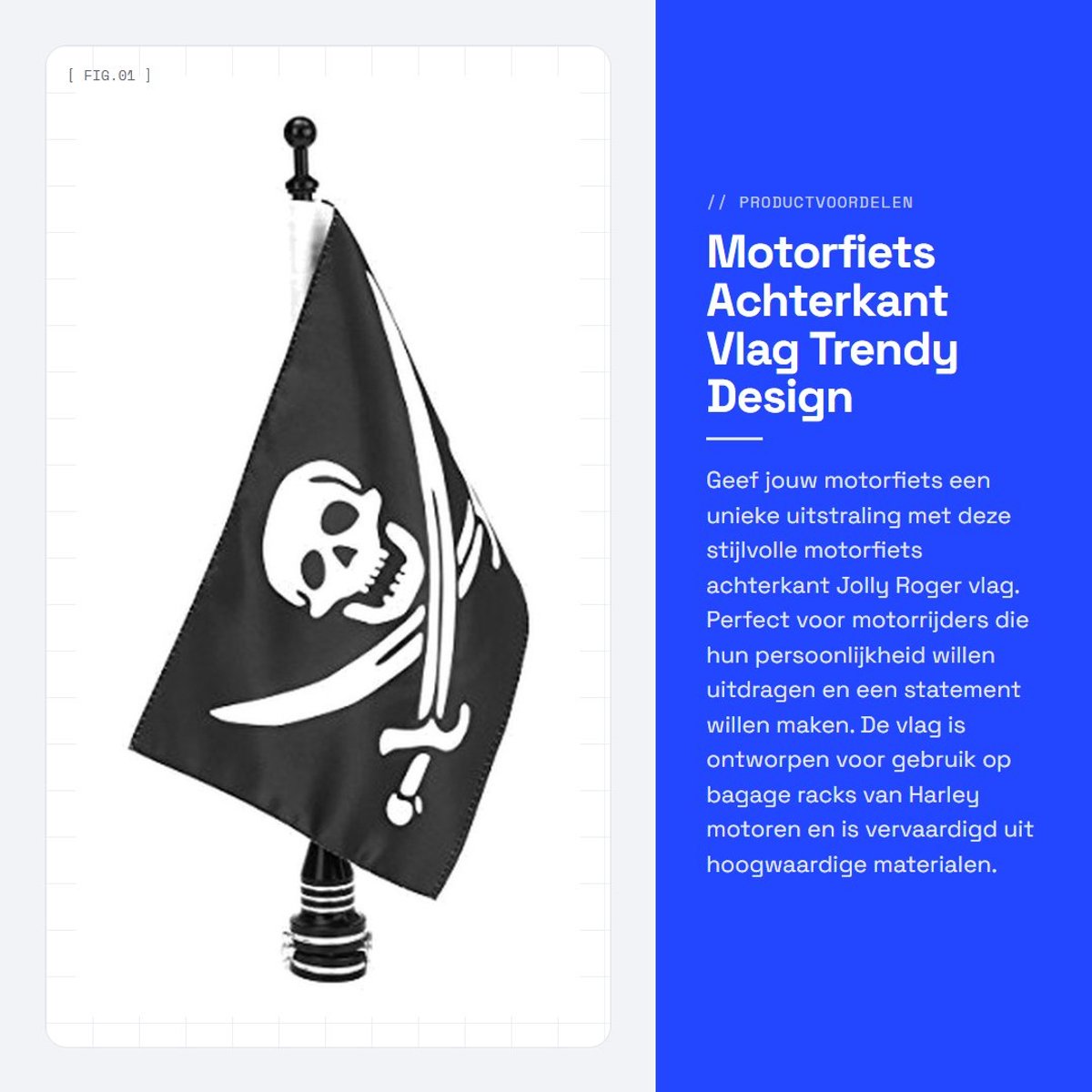 Dailygoods - Motorfiets Achterkant Vlag - Trendy Design - Zwart - Aluminium Vlaggenmast - Voor Harley - Stijlvolle Accessoire - Geschikt voor Bagage Rack