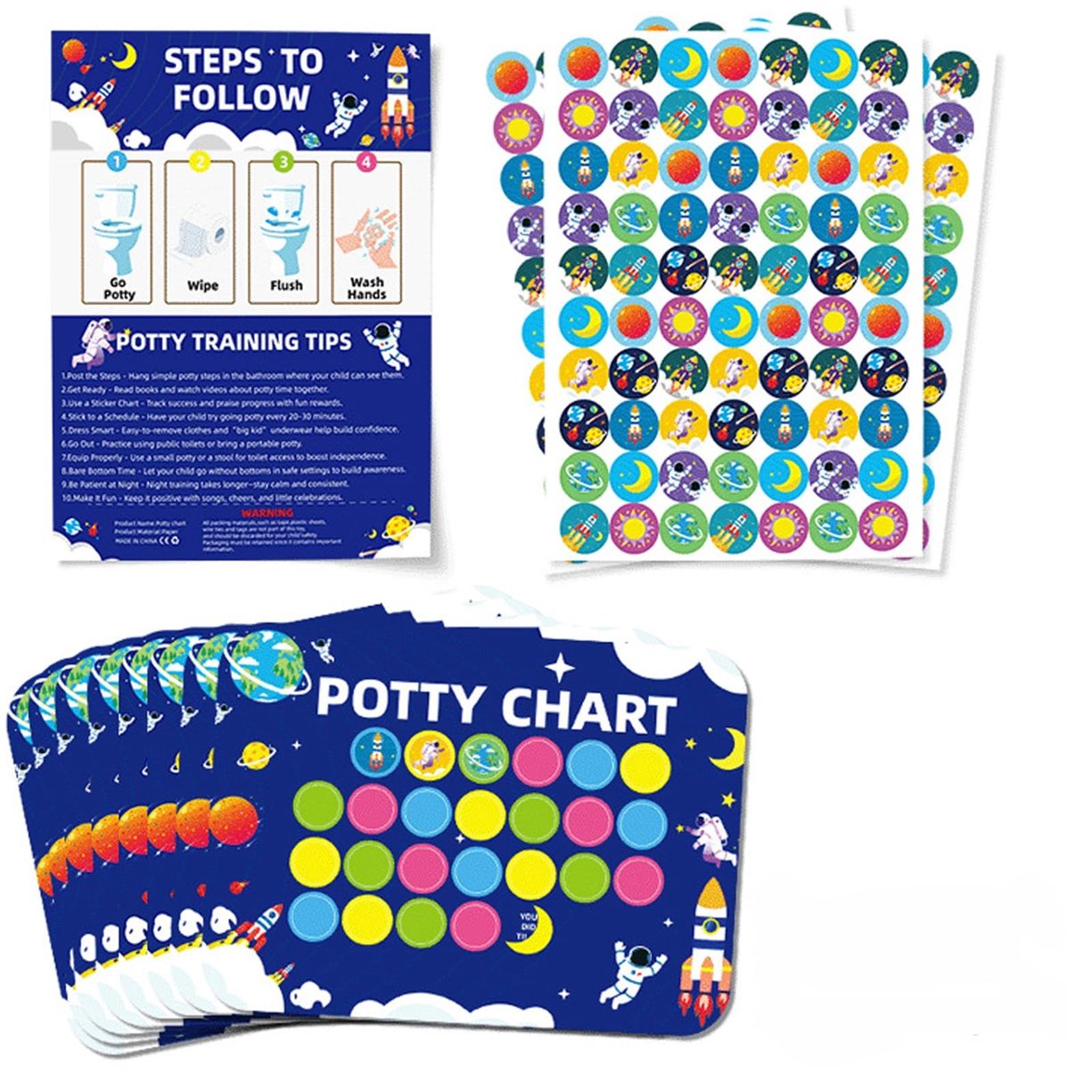 Dailygoods- Beloningstabel Zindelijkheidstraining - 8 Potjeskaarten - 210 Beloningsstickers - Astronaut-Thema - Instructieboekje - Veilig en Betrouwbaar Materiaal