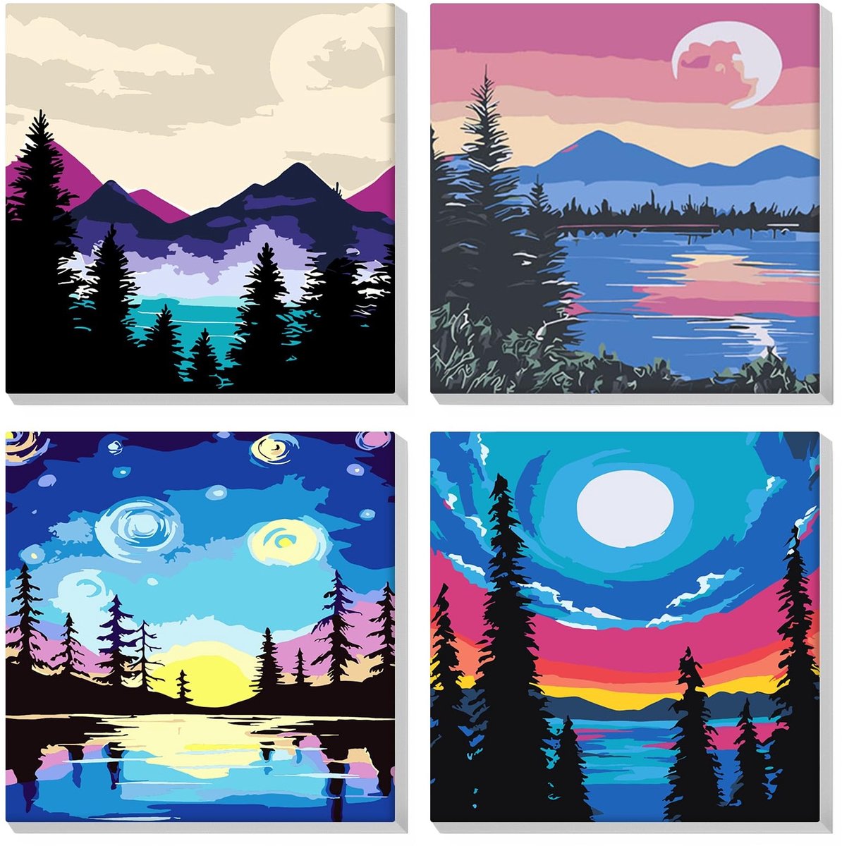 Dailygoods- Verf op Nummer - 4-pack voor Beginners - Acrylverf op Canvas - Doe-het-zelf Schilderij - Ingelijst - Inclusief Penselen en Pigmenten - Schilderkit