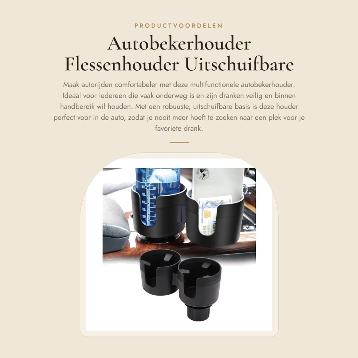 Dailygoods- Autobekerhouder - Dubbel Gat - Uitschuifbare Basis - Multifunctionele Flessenhouder - Verstelbare Console-Accessoires - Hoogwaardig Kunststof - Fleshouder