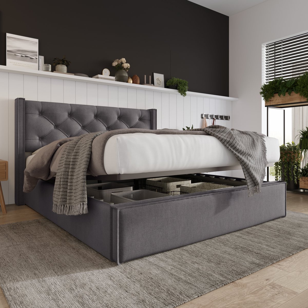 DESMIU Gestoffeerd Bed 140x200 cm – Retro Hoofdbord Met Opbergruimte – Hydraulisch Opklapbaar – Grote Bedkist – Slaapkamer – Katoen – Grijs – Zonder Matras