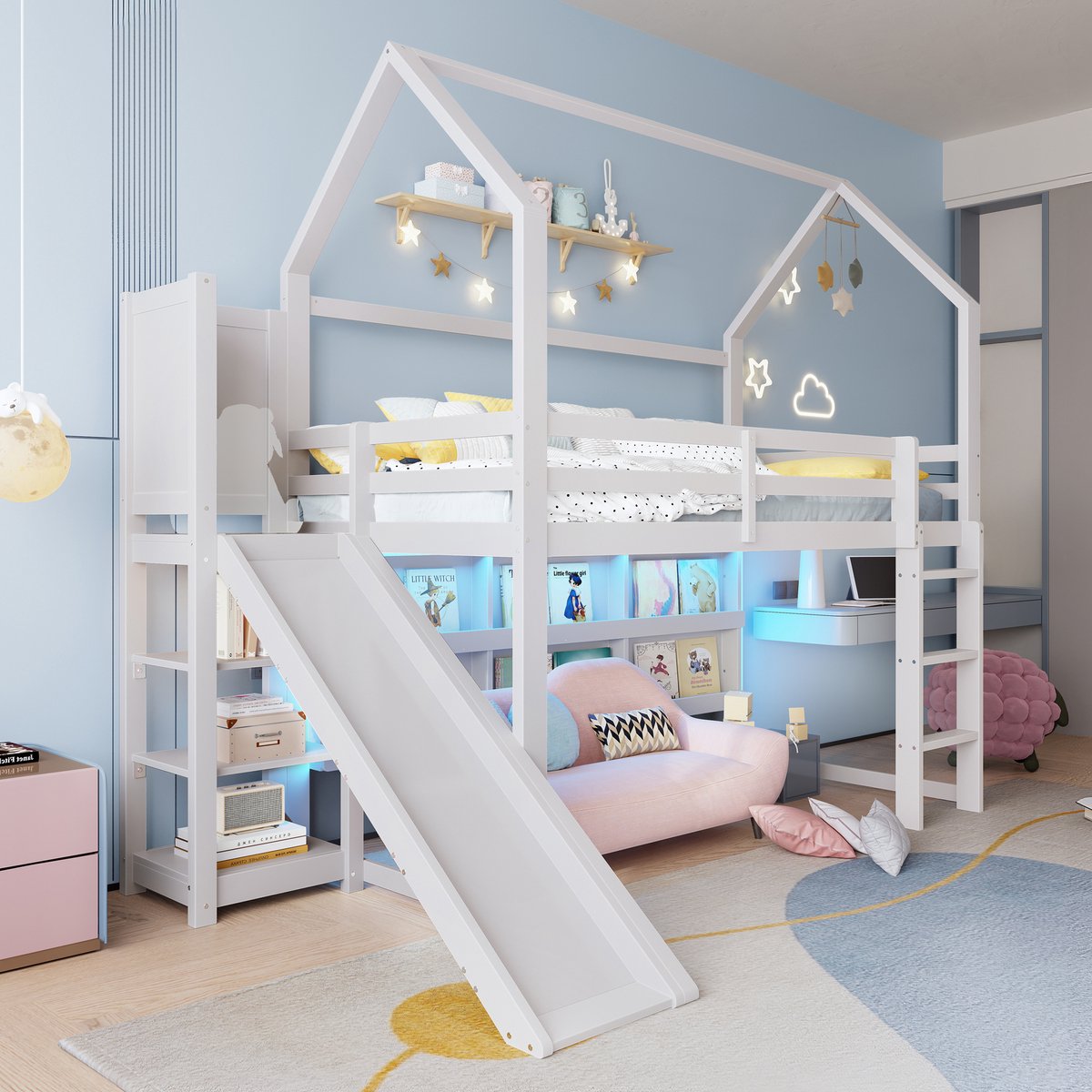 DESMIU Hoogslaper 90x200 cm – Met Ledverlichting In Huisvorm – Met Glijbaan, Trap En Opbergvakken – Voor Kinderkamer – Grenen – Wit – Zonder Matras