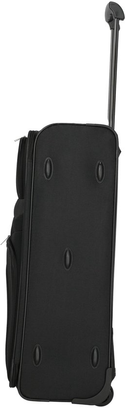 Vue latérale d'une valise trolley noire avec poignée télescopique et roues.
