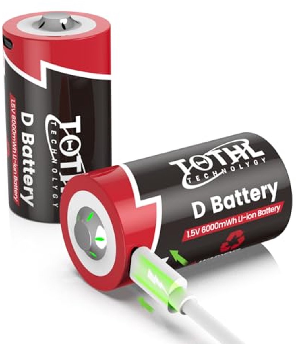 Oplaadbare D Batterijen - Lithium Cellen - Apparaten Voeden - USB C Oplaadbaar - 6000 mWh - Zwart