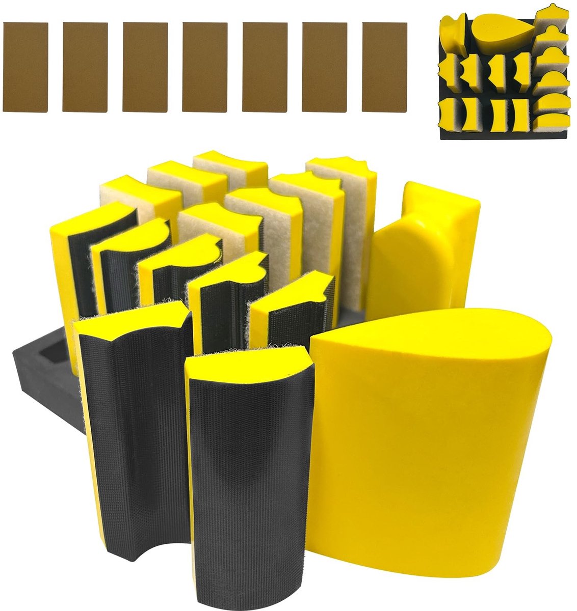 Dailygoods- Handpolijstblokkenset 16-delig - Professionele Klett-slijppadset - 8 Concave/6 Convexe Blokken - Houtbewerking/Carrosserie - Meubelrestauratie/Kunstnijverheid - Inclusief 40 Vellen - Schuurset