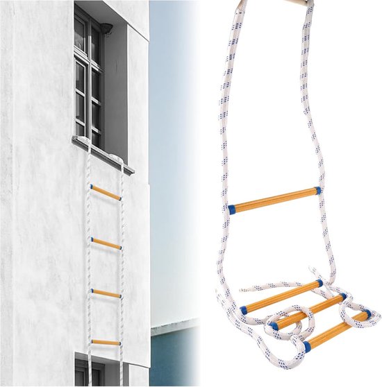 Een 2m/78,74in, witte, blauw gestreepte ladder met houten sporten, hangend aan een raam. Naast een close-up van de ladder.