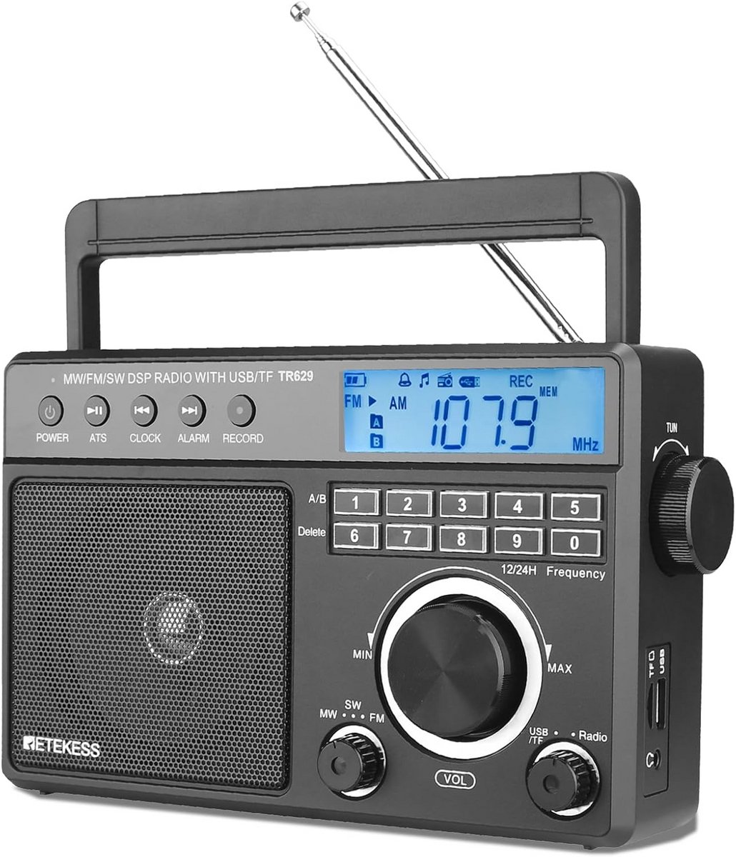 Draagbare Radio - Wereldontvanger Muziekspeler - Muziek Luisteren - LCD Display Met Klok - 3 Band Ontvangst - Zwart