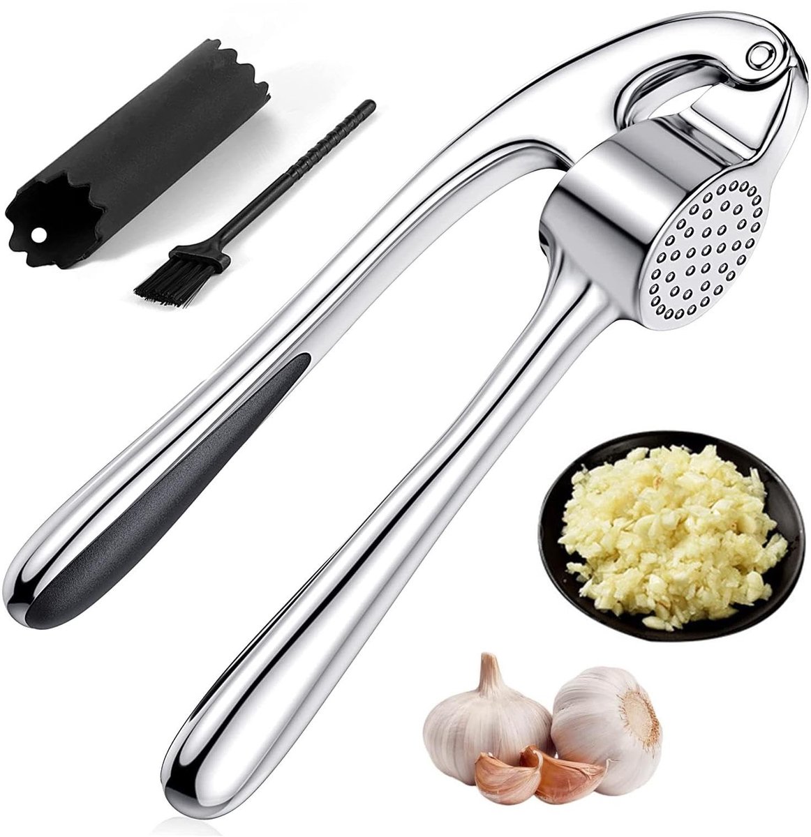 Dailygoods- Knoflookpers Roestvrij Staal - Vaatwasmachinebestendig - Eenvoudig te Reinigen - Met Knoflookschiller - Comfortabel in Gebruik - 38 Gehakten Knoflookuitlaten - Knoflookperser