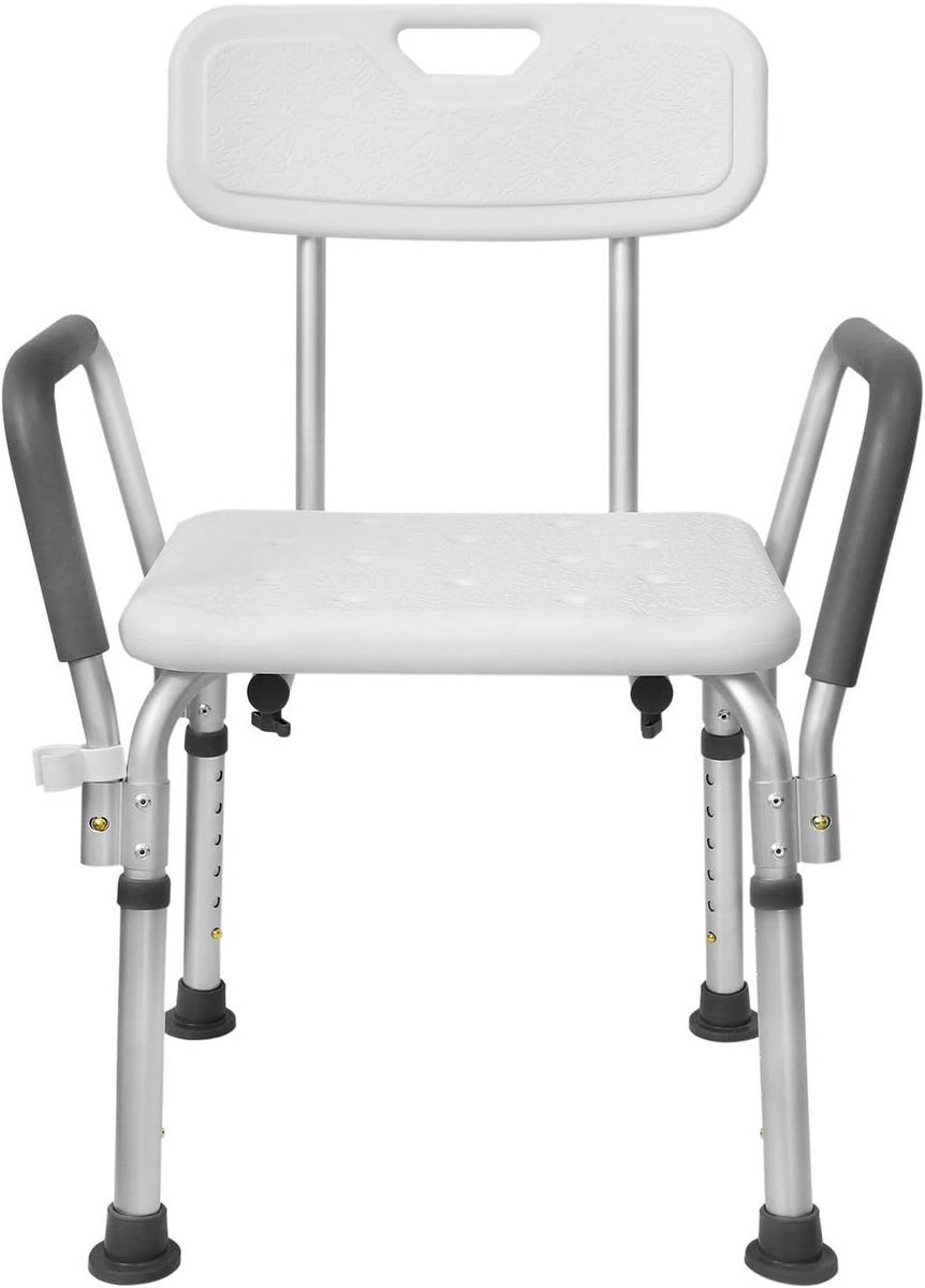 Douchestoel met Armleuningen - Badkruk - Veilig Douchen - 5 Hoogteposities - 37.5-50.5 cm - Wit