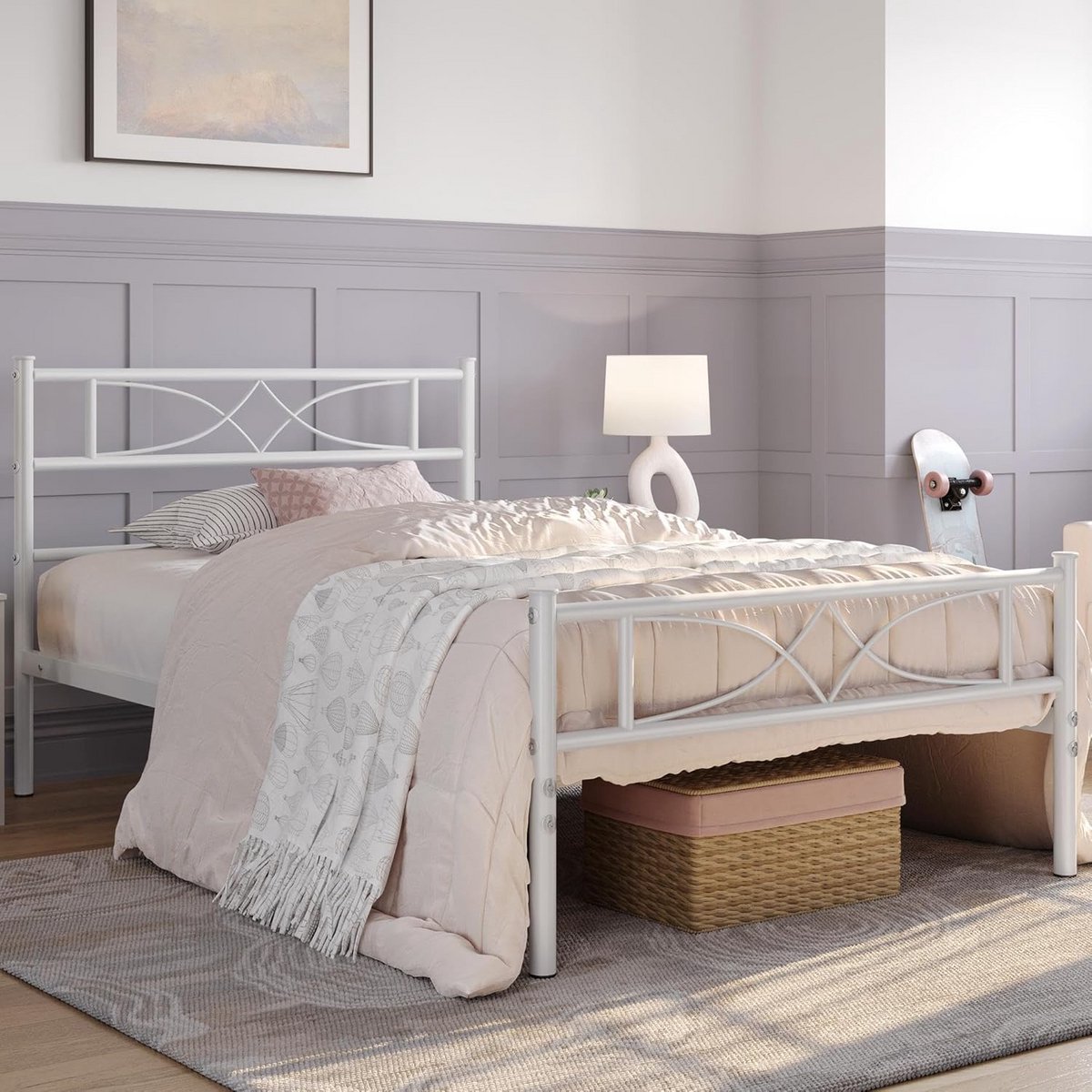 Metalen bedframe - Eenpersoonsbed - Slaapkamer inrichten - Hoog hoofdeinde - 90 x 190 cm - Wit