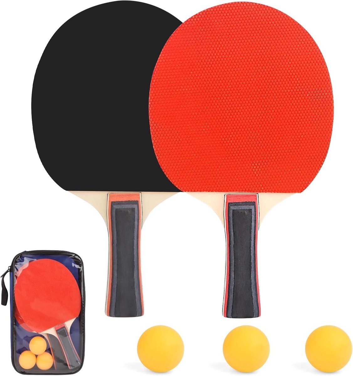 Dailygoods- Tafeltennisbat Set - 2 Tafeltennisbatjes/3 Tafeltennisballen - Draagbare Tas - Versterkte Handgrepen - Antislip - Ergonomisch Ontwerp - Pingpongbat