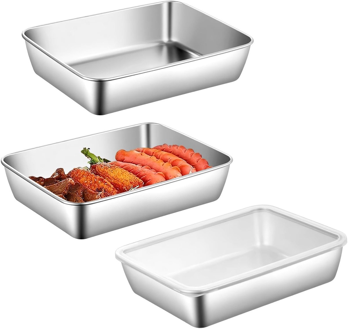 Dailygoods- Bakplaat - Ovenschaal met deksel - Paneerkommen set van 3 - Roestvrij staal - Vaatwasmachinebestendig - 25 x 19 x 5 cm