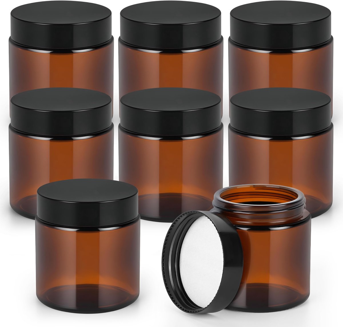 Dailygoods- Glazen Potjes 120 ml - Amber Kleur - Zwarte Deksels - Set van 8 - Duurzaam Glas - Bescherming tegen UV Licht - Opslagpotjes