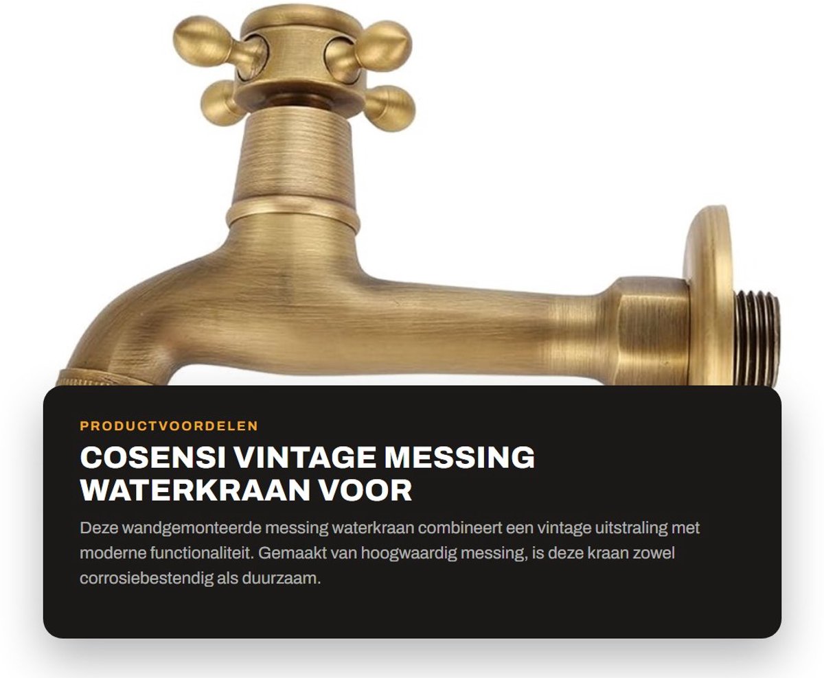 Dailygoods- Waterkraan Vintage Stijl - Wandgemonteerde Kraan - Messing - Duurzaam - Corrosiebestendig - Eenvoudig te Installeren