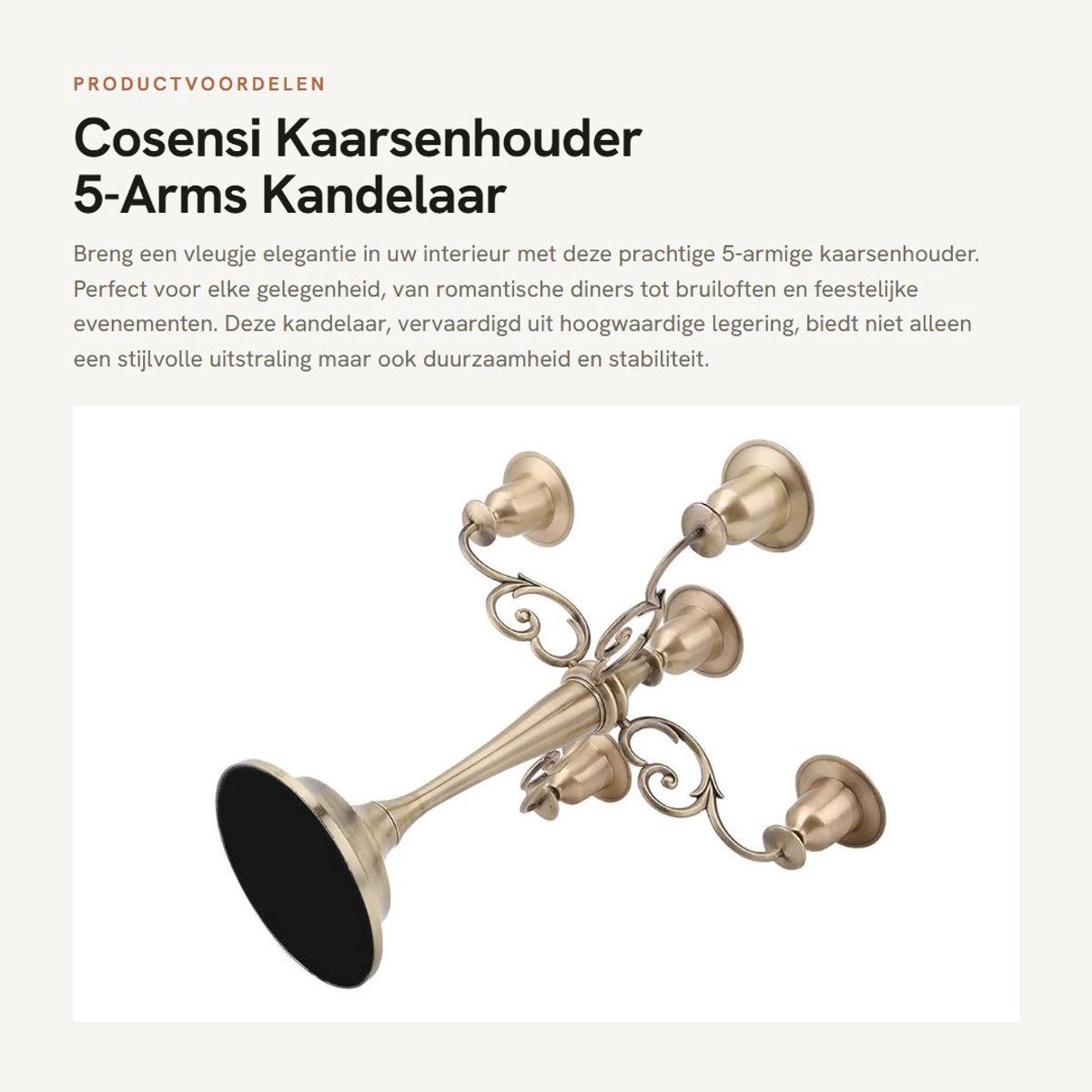 Dailygoods- Kaarsenhouder 5 Armen - Metalen Kandelaar - Vintage Stijl - Decoratieve Kandelaar - Geschikt voor Standaard Kaarsen - 27 x 26 cm