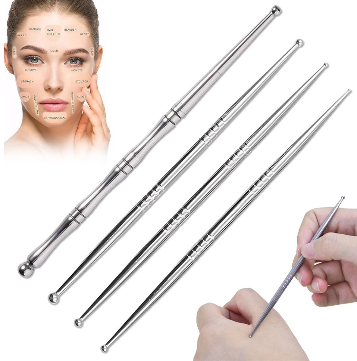 Dailygoods- Acupunctuurstift Set van 4 - Oor-acupunctuursonde - Massageapparaat - Reflexzonemassage - Massagestift - Hoogwaardig roestvrij staal