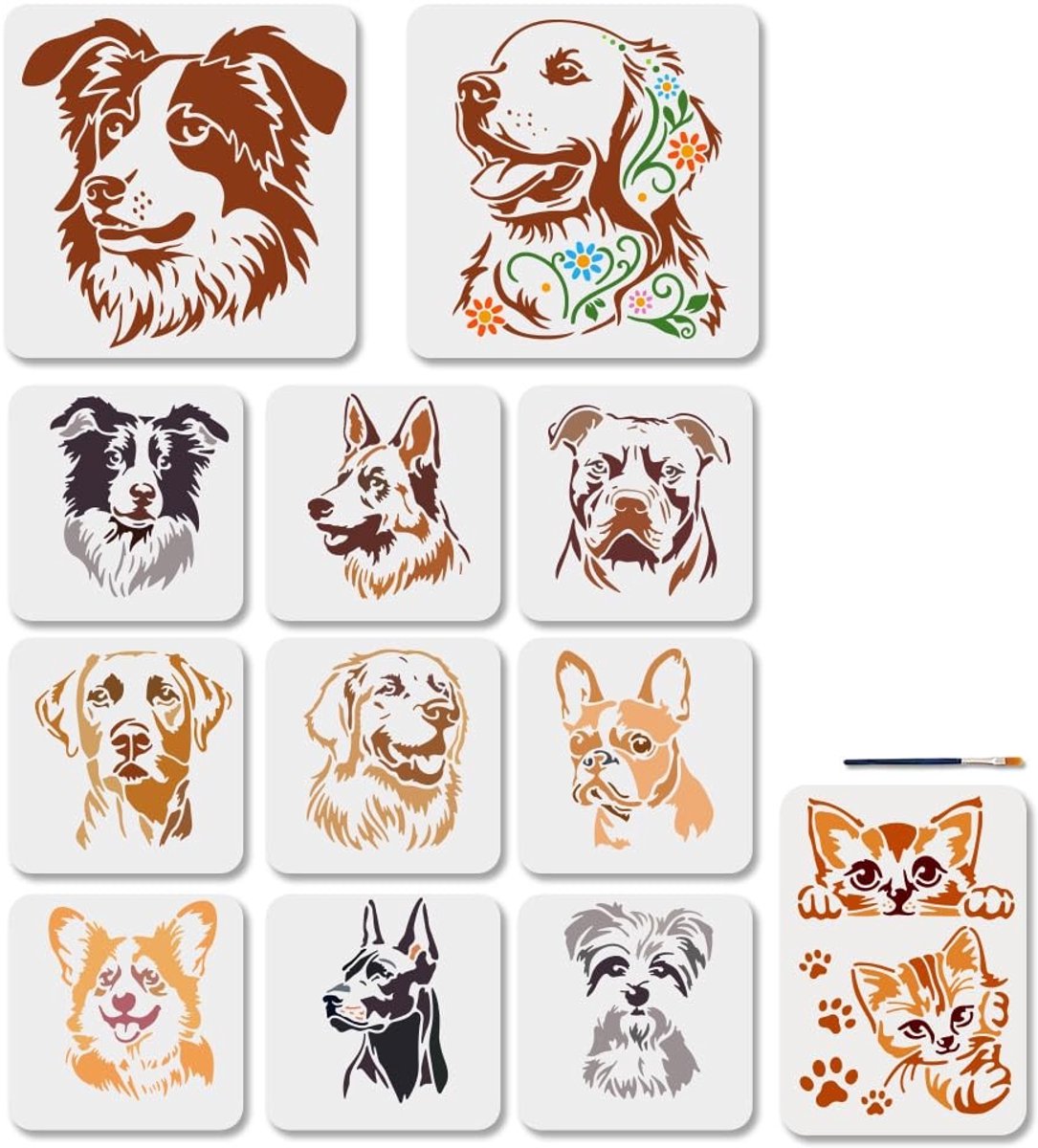 Dailygoods- Hondensjablonen 12 stuks - Herbruikbare Schildersjablonen - Dierenhoofdmotieven - Kunststof - Inclusief Penseel - Afmetingen 20-30 cm