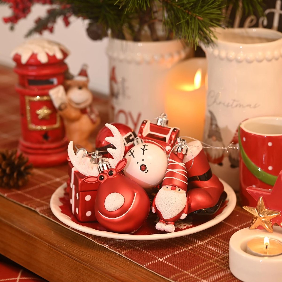 Kerstballen Set - Boomversiering Kunststof - Kerstboom Versieren - Handgeschilderd Design - 100 Stuks - Rood Wit – foto 2