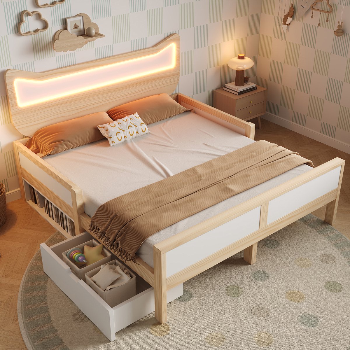 DESMIU Kinderbed 140x200cm – Kattenkop Met Rgb-ledverlichting – Met Opberglade En Vak Links Of Rechts Monteerbaar – Voor Kinderkamer – Hout – Wit Eiken – Zonder Matras