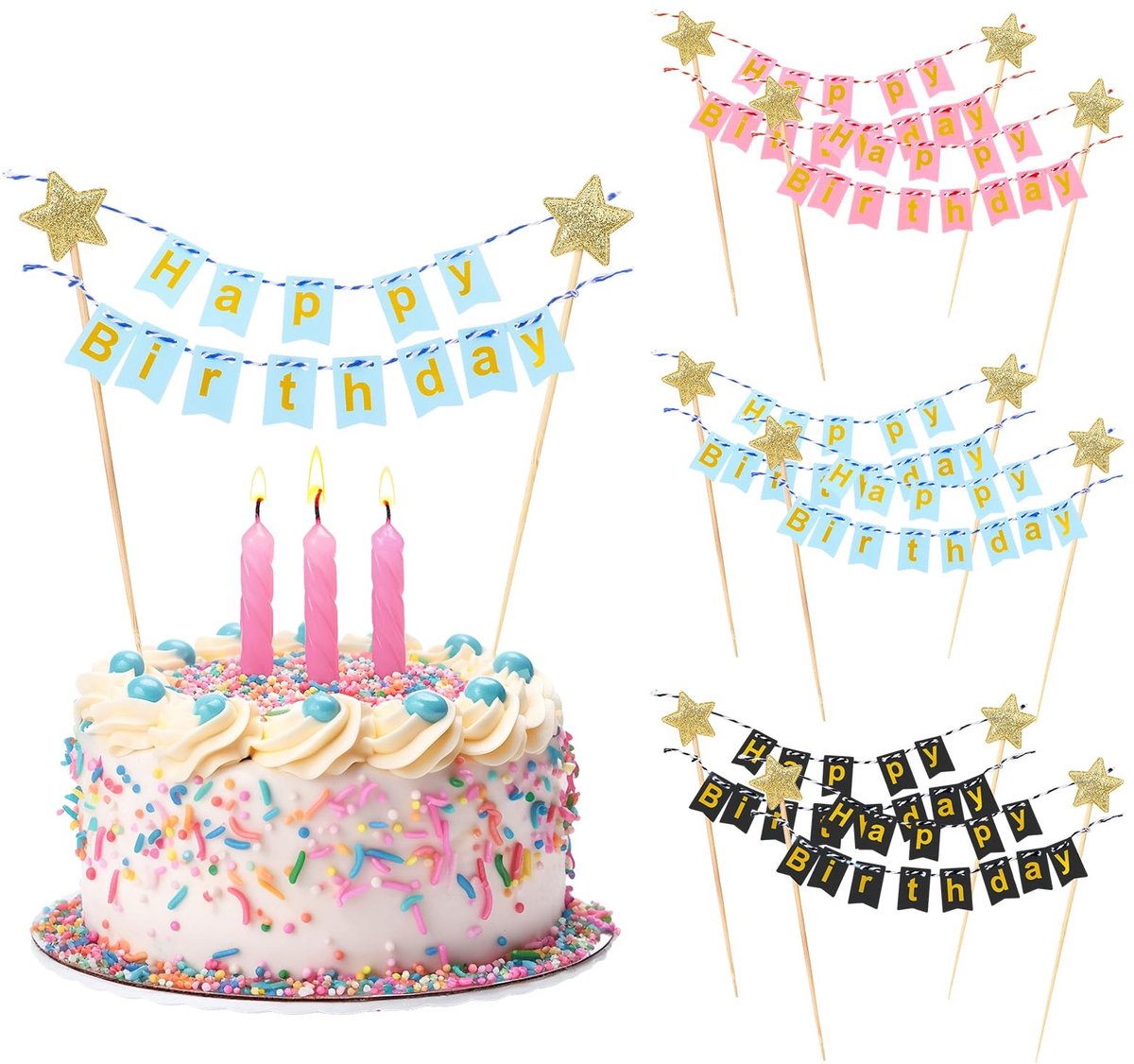 Dailygoods- Vlaggetjesslinger 6 stuks - Taarttopper - Taartdecoratie set - Happy Birthday - Papieren vlaggen - Katoenen touw 23 cm