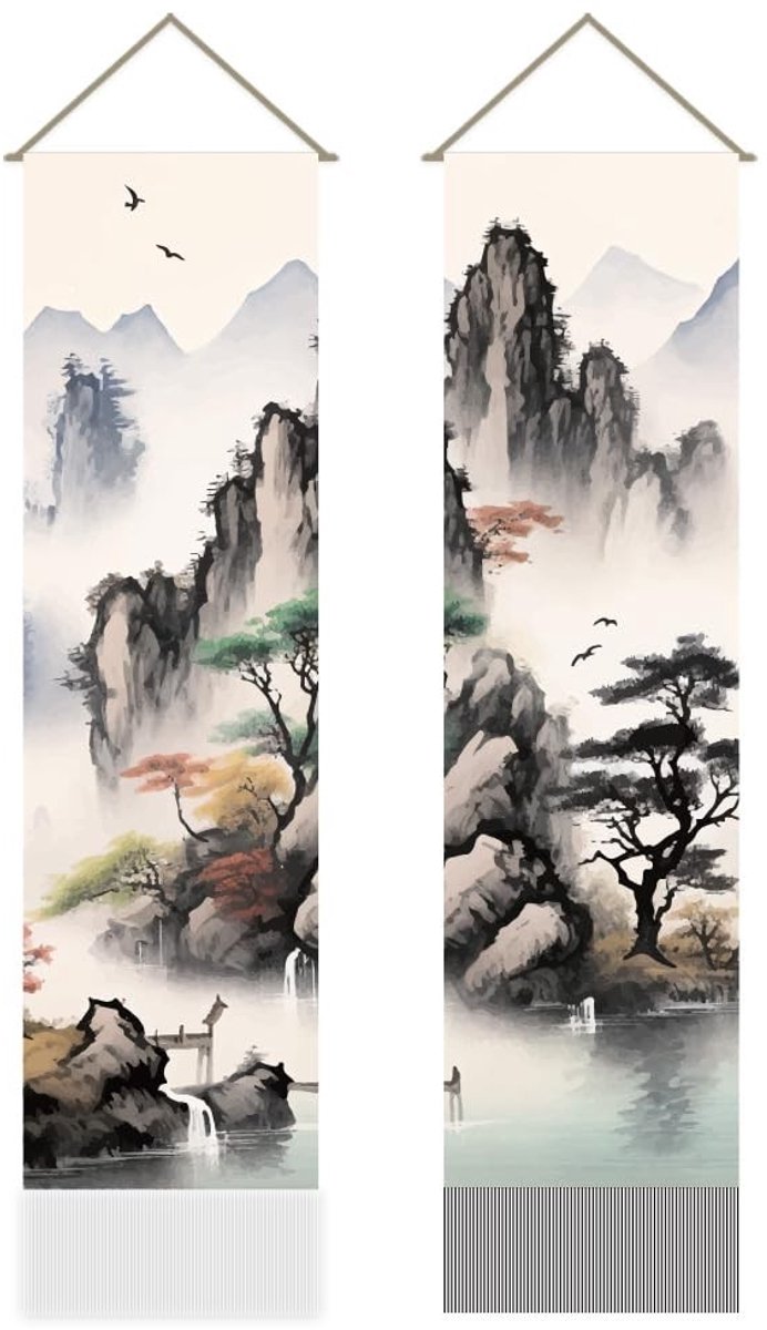 Dailygoods- Wandtapijt Aziatisch Landschap - Oosterse Inkt Esthetiek - Bergboom Kunst - Opknoping voor Slaapkamer - Interieur Decor - 111 x 30 cm - Muurtapijt