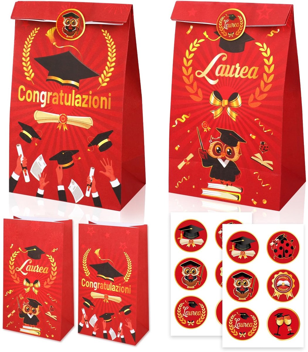 Dailygoods- Doosjes 12 stuks - Snoepzakjes - Gastgeschenken - Afstudeerfeest - Papieren Dozen - Rood met Afstudeermotieven