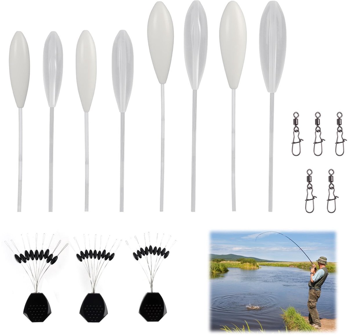 Dailygoods- Sbirolino Set - 4 Drijvende/Zinkende Drijvers 8-20 g - 5 Drievoudige Wartels - 3 Stopfloat - Lichtgewicht Acryl - Corrosiebestendig - Vishulpmiddelen