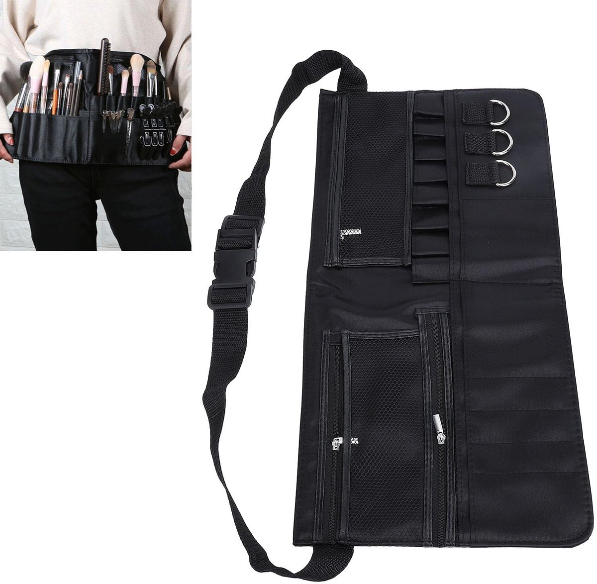 Dailygoods- Borstelriem Professionele Make-up - Multifunctionele Opbergruimte - Gaasvakken/Ritssluiting - Efficiënt Ontwerp - Snelle Toegang - Organisatie van Gereedschap - Borstelhouder