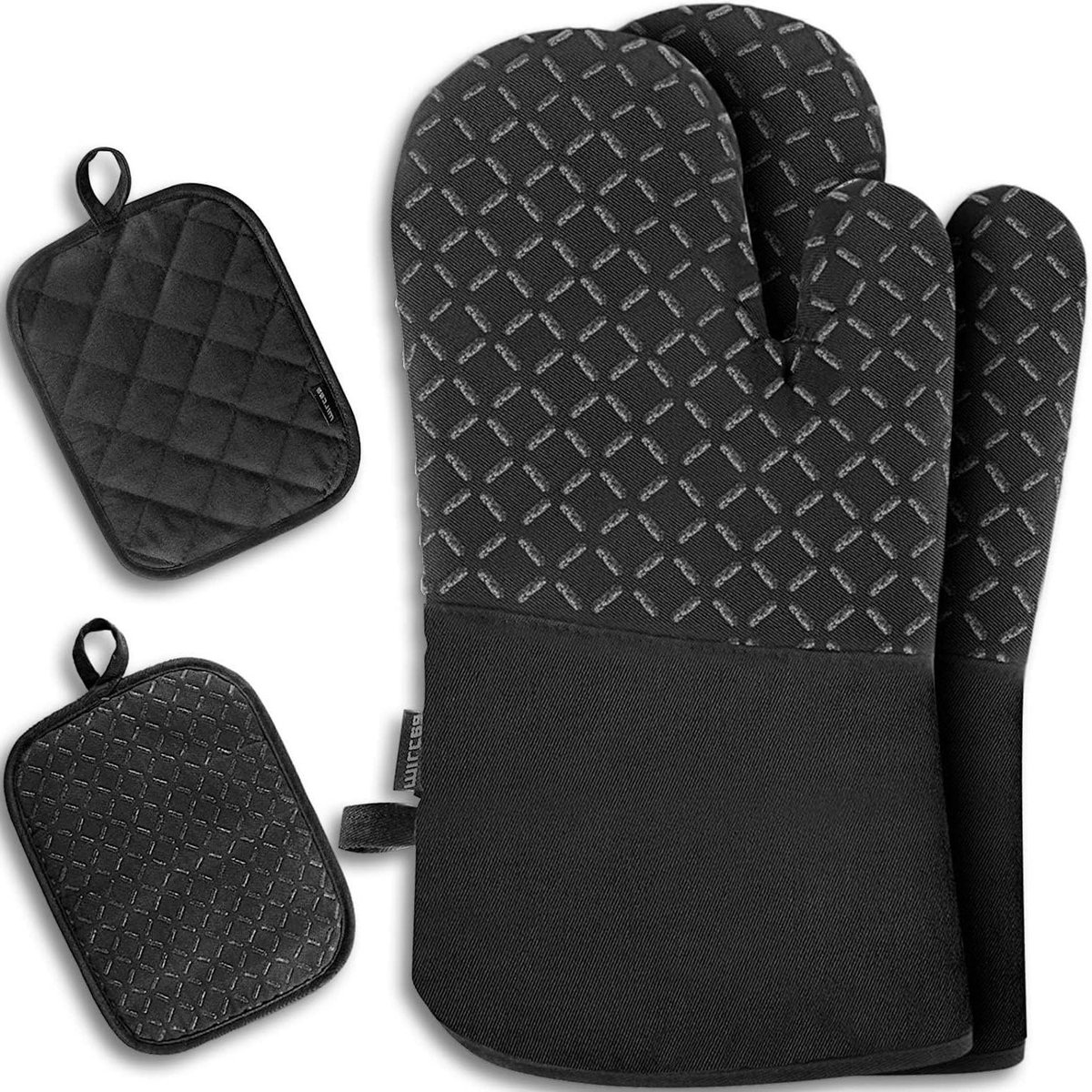 Ovenwanten Set - Keukenwanten Hittebestendig - Veilig Koken - Verlengde Polsbescherming - Set van 4 - Zwart