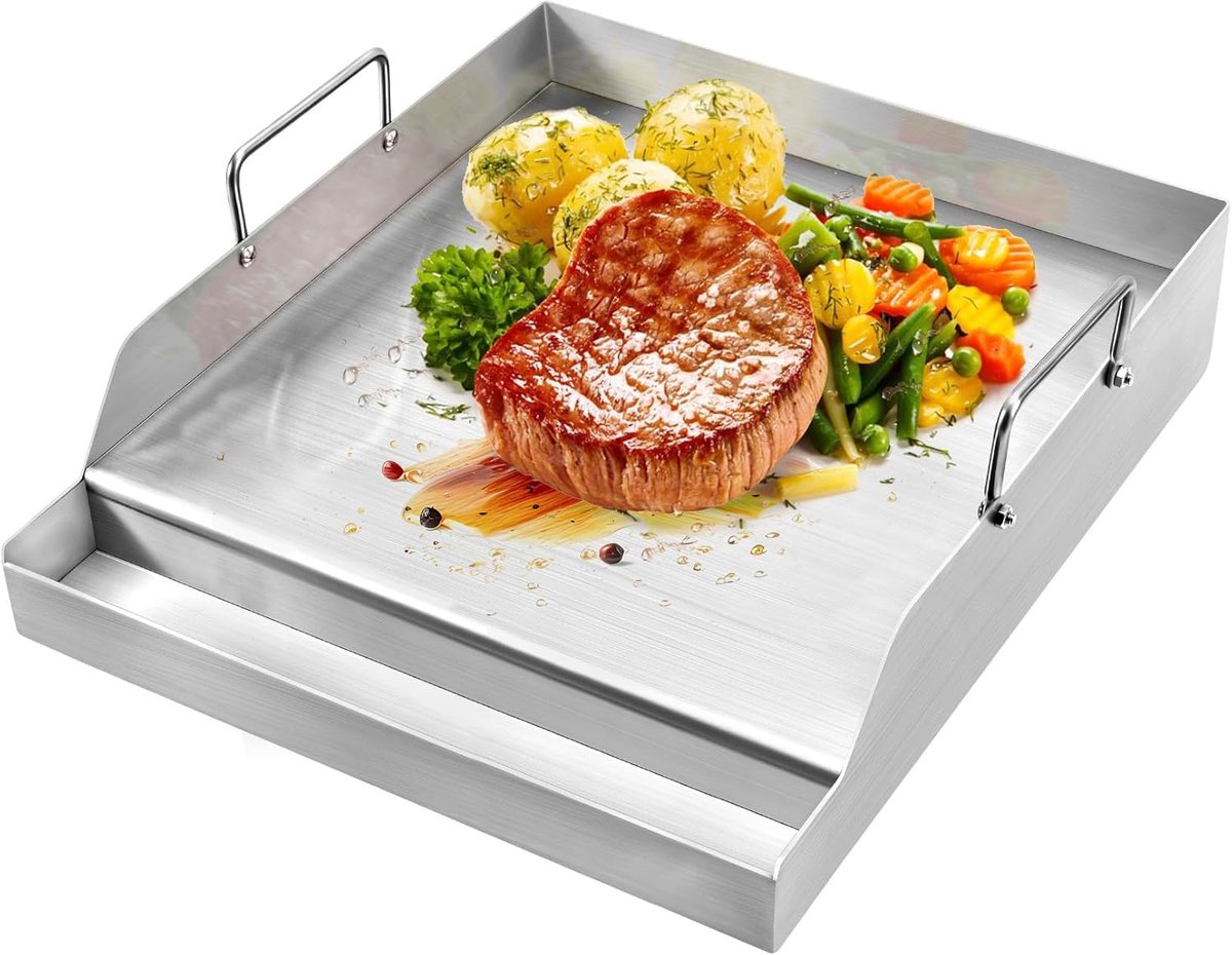 Platte Bakplaat Grillplaat Buiten Koken Verwijderbare Handgrepen 40x32 cm Zilver