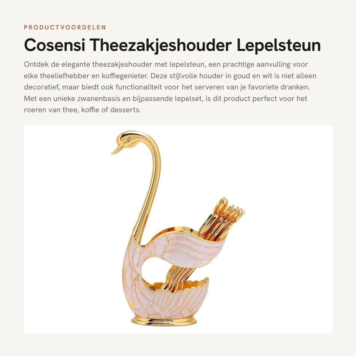 Dailygoods- Theezakjeshouder Goud - Zwanenbasis Houder - Koffielepels Set - 6 Lepels - Metalen Keukengerei - Hoogwaardige Duurzaamheid - Bestekhouder