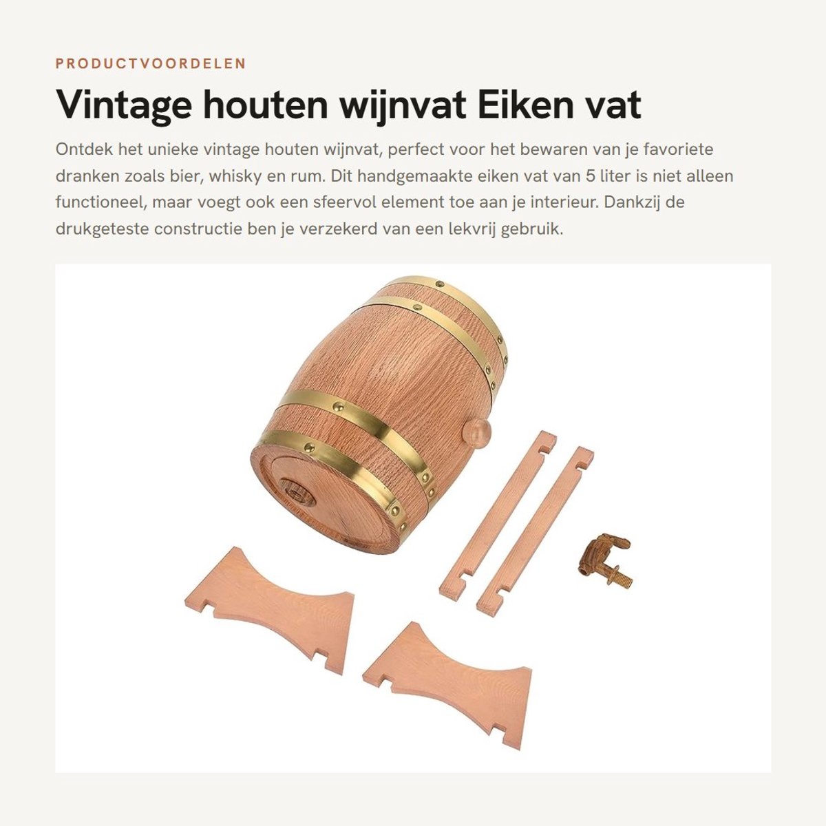 Dailygoods- Wijnvat 5L Eikenhout - Handgemaakt - Drukgetest op Lekkage - Kunststof Kraan - Wijnopslag - Verbeterde Smaakkenmerken - Eiken Vat