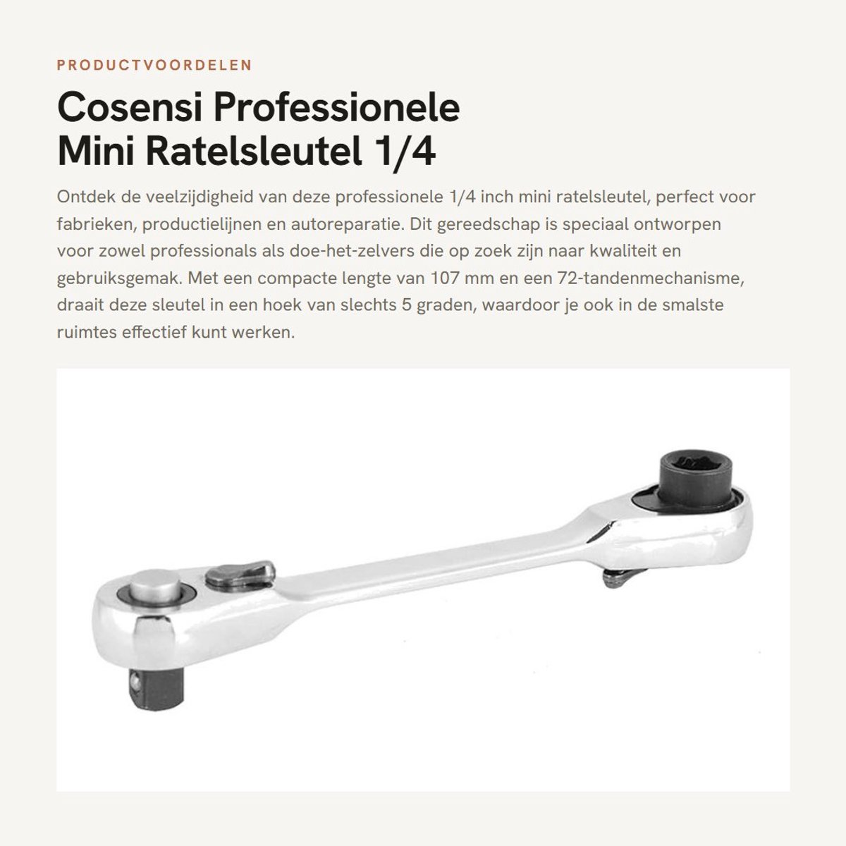 Dailygoods- Ratelsleutel Professioneel 72 Tanden - Mini Ratelsleutel 1/4 Inch - Verchroomd - Antislip Handvat - Schokbestendig - Snelle Release Functie - Steeksleutel