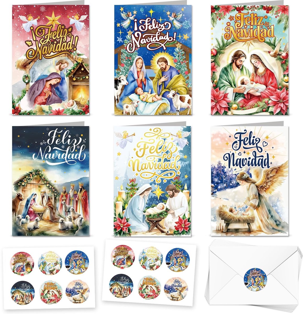 Dailygoods- Kerstkaarten 12 Stuks - Religieuze Kaarten - Enveloppen - Kerstthema - Kerststickers - Cadeaus - Feestkaarten