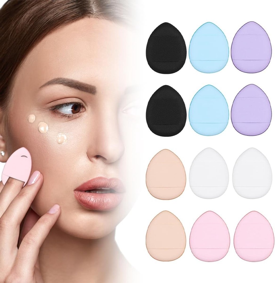Set van 12 Mini Poeder Sponzen met Vingerhouder voor Make-up en Cosmetica, Perfect voor Vloeibare Foundation en Oogmake-up