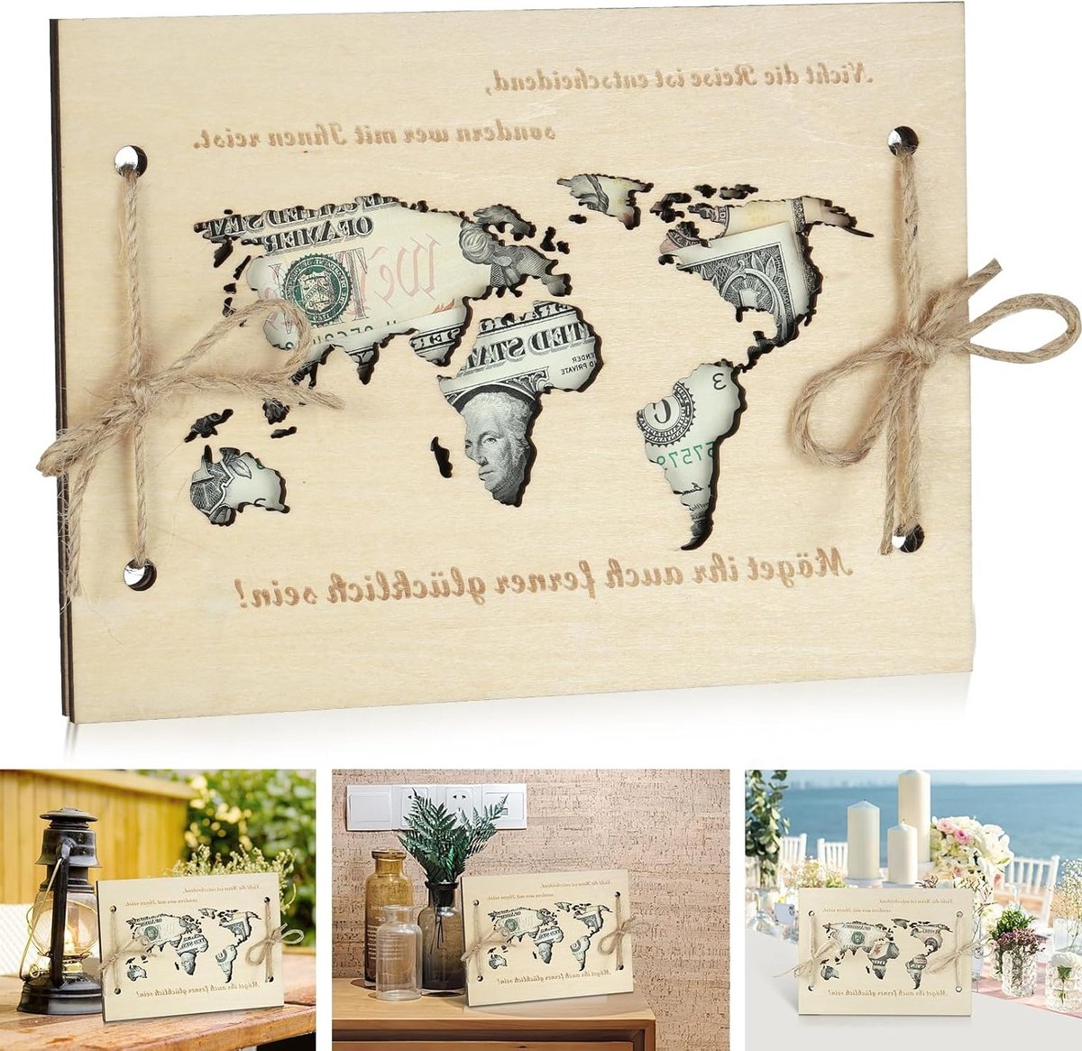 Huwelijkskaart met Geldcadeau, Houten Wereldkaart, Creatieve Verpakking en Persoonlijk Cadeau voor Bruidspaar
