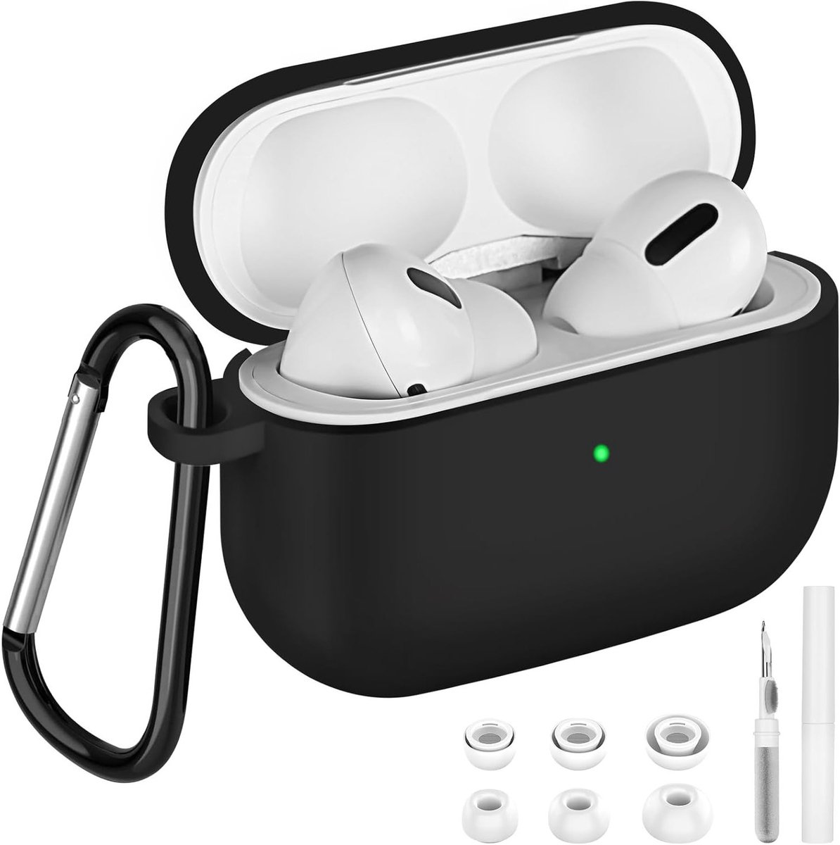 Beschermhoes voor AirPods Pro 2/1 met Schoonmaakset en Karabijnhaak - Schokbestendig Zacht Silicoon, Ideaal voor Apple AirPods Pro 2/1 Gebruik - Zwart