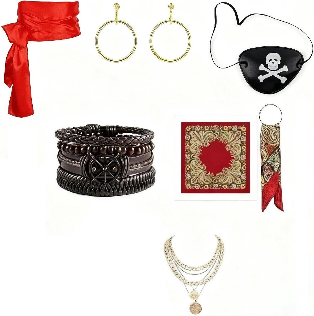 Vrouwelijk Piraten Kostuum Set van 7 Stukken - Fantasie Outfit met Ooglapje, Sieraden, Hoofddoek en Ceintuur - Zwart en Goud voor Carnaval en Halloween Cosplay