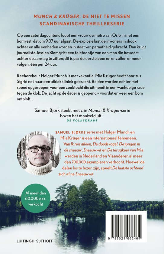 Cover van 'Munch & Krüger 6 - De laatste ochtend'. Een man met bril, grijs haar en lichte baardgroei kijkt ernstig. Achter hem een meer met bomen.