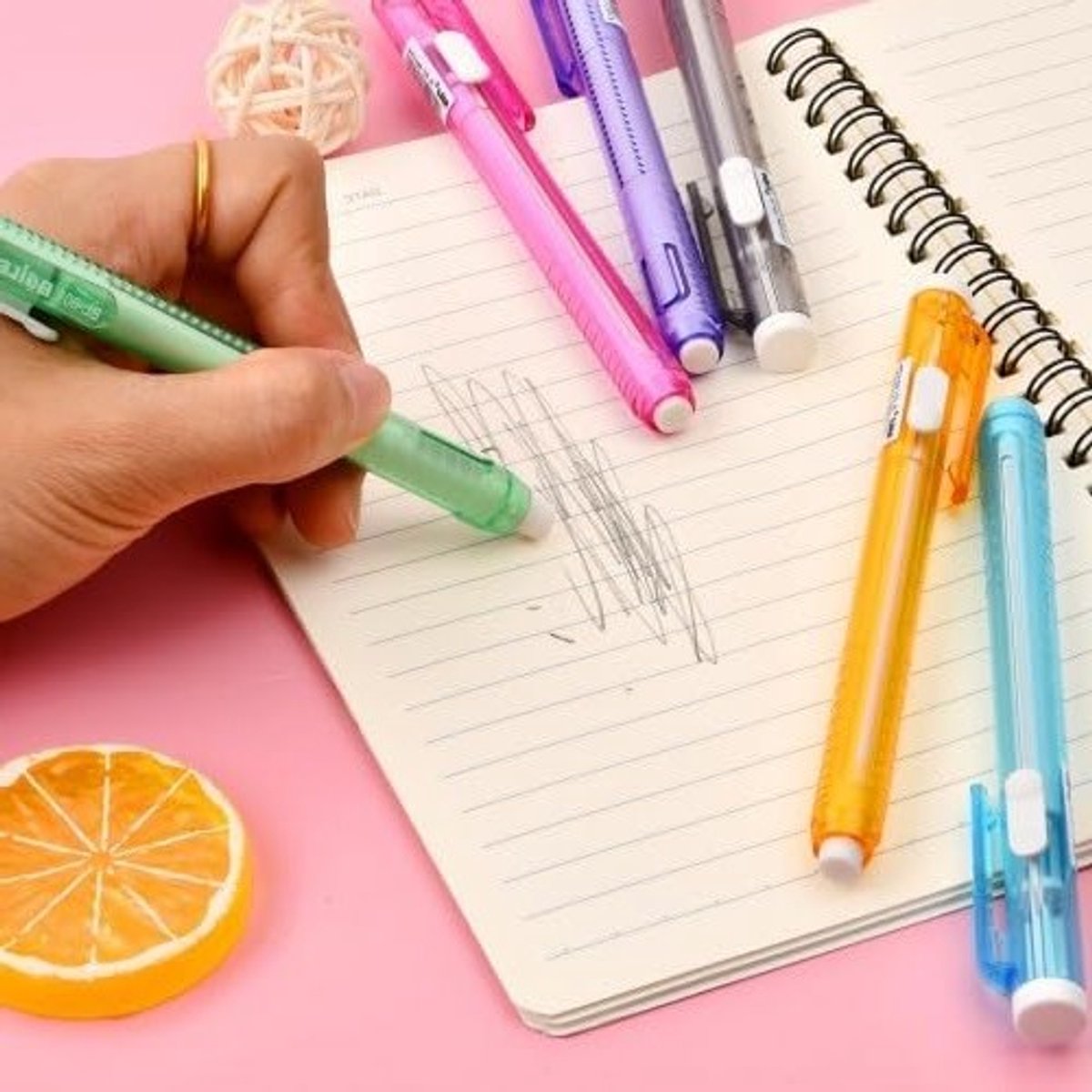 Set van 6 Navulbare Gum Pennen voor Kinderen en Studenten, Inklapbare Gumpennen in 6 Kleuren, Perfect voor Kunstenaars en Ontwerpers