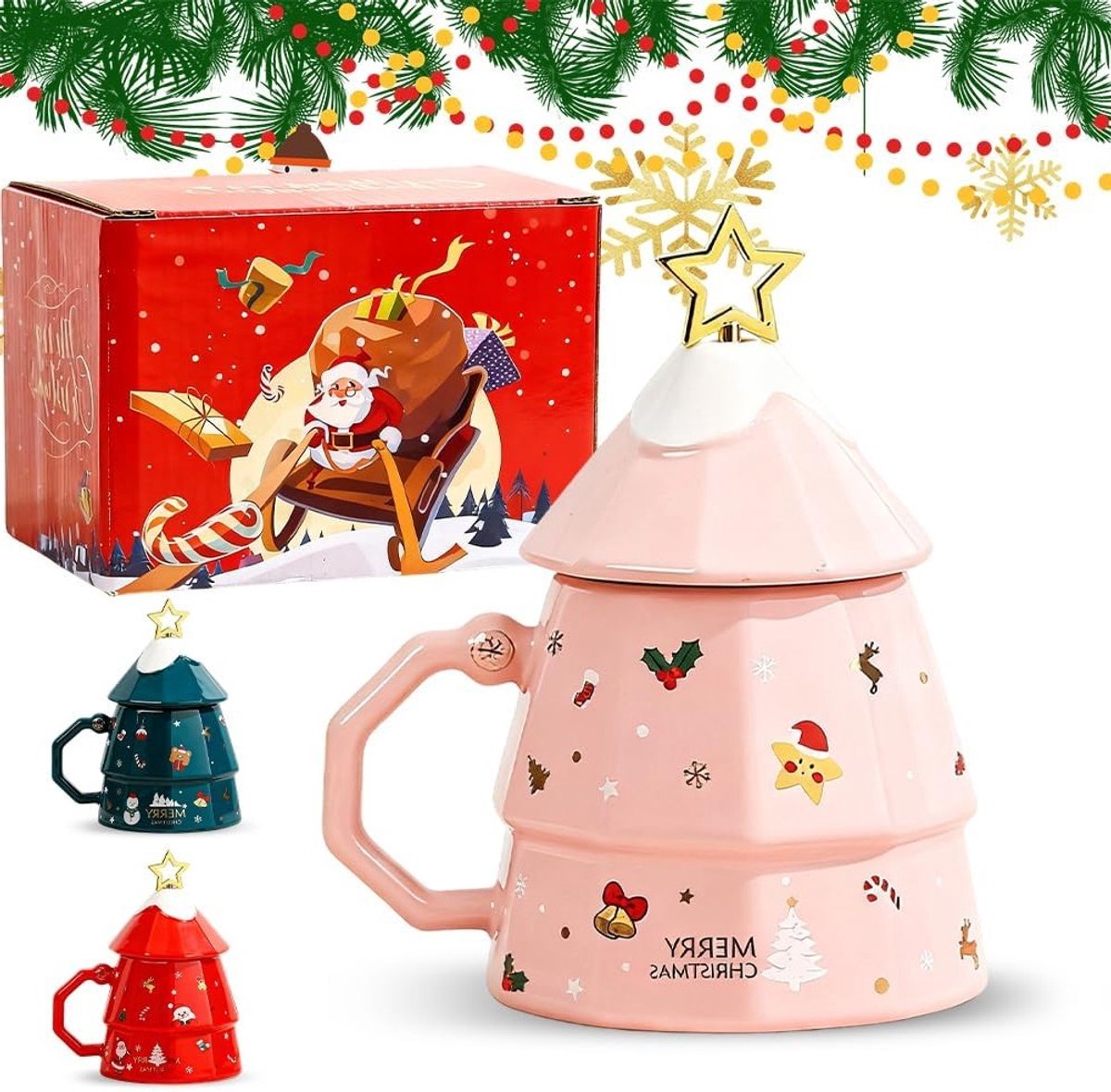 Keramische Kerstboom Koffiemok met Deksel en Roerstaafje, Schattige Mokken Set voor de Feestdagen, 350ml, Perfecte Winter Koffiemok en Grappige Cadeaus voor Vrouwen