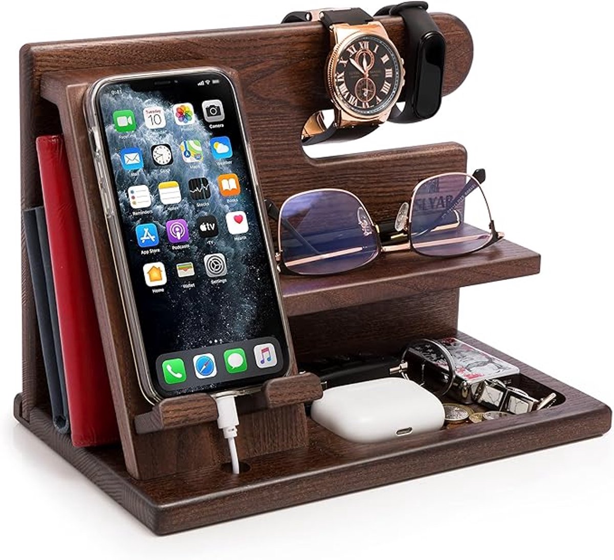 Houten Telefoon Docking Station Organizer - Sleutelhouder, Portemonnee Horloge Stand - Massief As Hout (Diep Bruin) - Perfect Cadeau Idee
