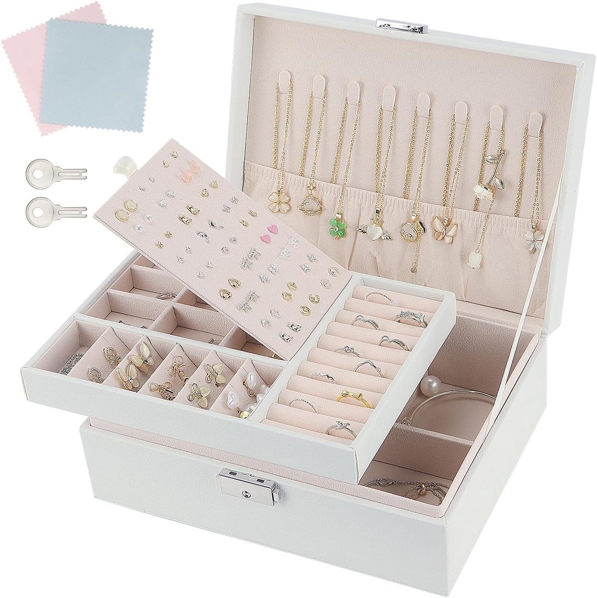 Elegante 2-laagse sieradenopberger van PU-leer met 2 sleutels en schoonmaakdoek, ideaal voor ringen, oorbellen, kettingen en armbanden, perfect als cadeau voor elke gelegenheid