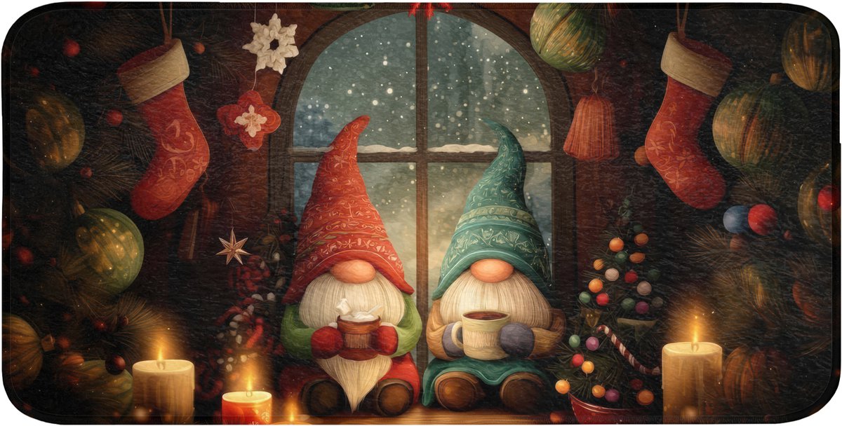 Badmat 120x60 cm - Antislip - Gnooms - Kerst - Raam - Kleurrijk - Badmatten voor badkamer - Badkamermat - Douchemat - Badkamer mat