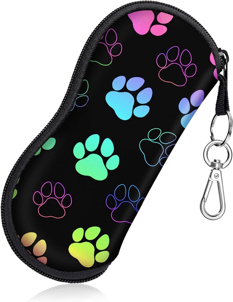 Leesbril Etui met Clip - Neopreen Reistas voor Kinderen en Volwassenen, Oversized Zipper, Paw Print Design, Zwart