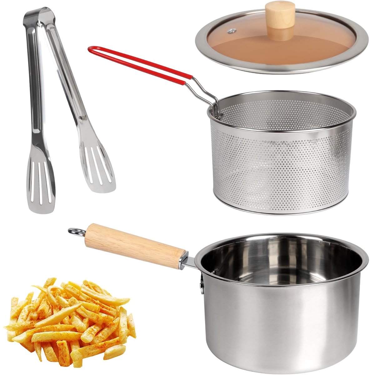 carmdering - Frituurpan set - 2.5L roestvrij staal met zeef en deksel - olie filter pot - voor frituren en opslag