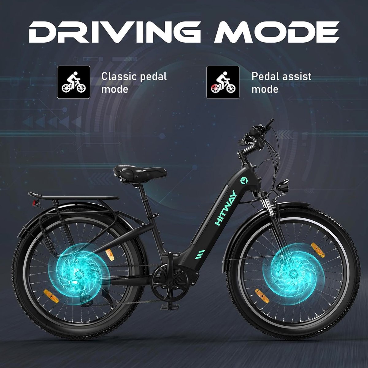 Hitway Elektrische Fiets BK16 - Trendy 26*3.0 Inch City Commuter EBike met Afneembare 48V 18Ah Lithium Batterij - Mountain E-Bike met 250W Motor - 7 Versnellingen - IP54 Waterdicht – foto 4